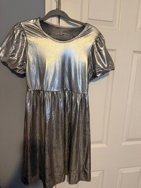 wonder nation Metallic Silver Puff Sleeve Dress for Girls